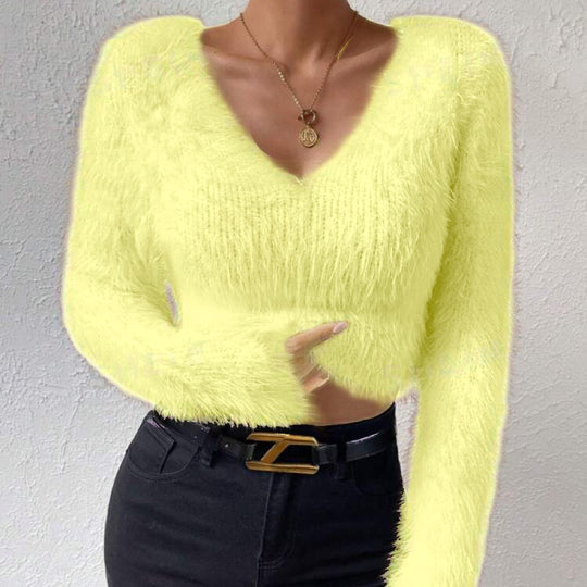 Damen Flauschiger Crop-Pullover mit V-Ausschnitt und Eyelash-Struktur EB