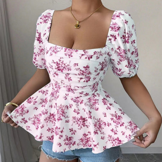 Damen Blusentop mit blumendem Muster und Wickel-Effekt EB