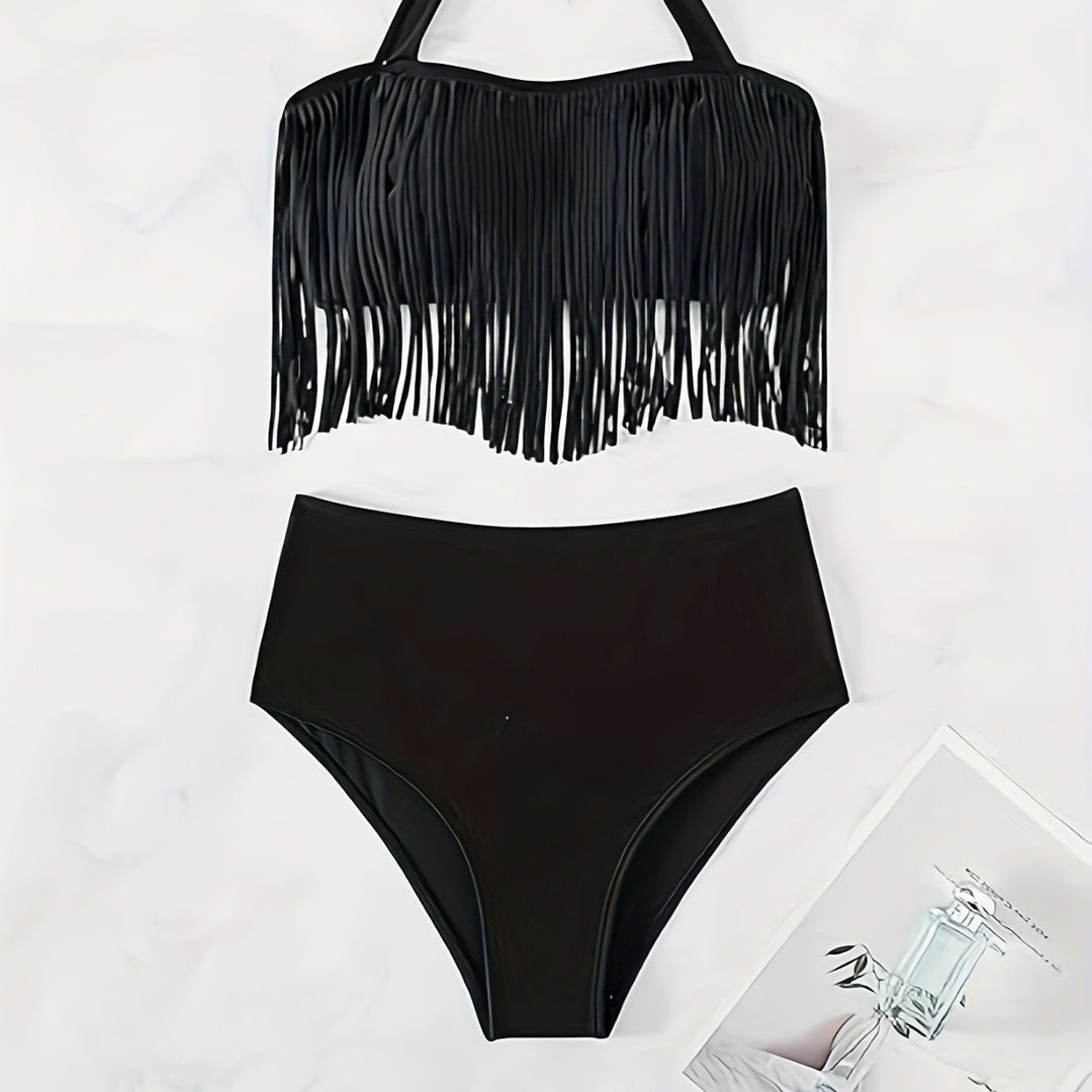Damen Bikiniset mit fransigem Oberteil und hoch taillierter Hose EB