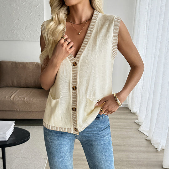 Damen Strickweste mit Knopfleiste und Taschen EB