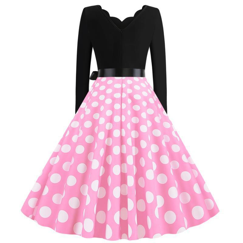 Damen Retro-Swingkleid mit langen Ärmeln tailliertem Oberteil gepunktetem Tellerrock und Schleifengürtel EB
