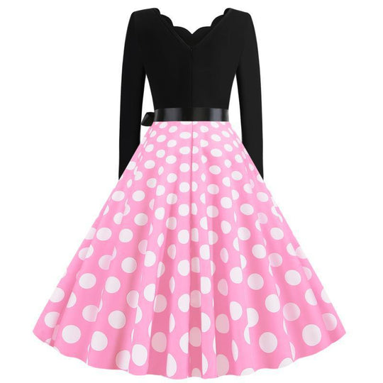 Damen Retro-Swingkleid mit langen Ärmeln tailliertem Oberteil gepunktetem Tellerrock und Schleifengürtel EB