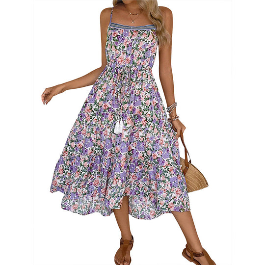 Damen Maxikleid mit floralem Design und verstellbarem Taillenzug EB