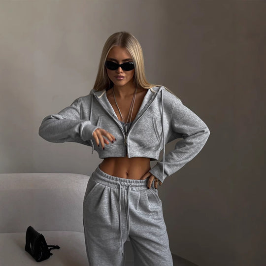 Damen stylisches Crop-Set aus Kapuzenpullover und bequemen Jogginghosen EB