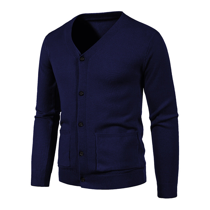 Herren nan schlanker Feinstrick-Cardigan mit V-Ausschnitt, Knopfleiste und aufgesetzten Taschen EB