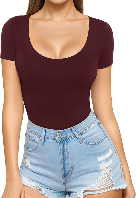 Damen figurbetontes Kurzarm-Body mit rundem Ausschnitt und nahtlosem Design EB