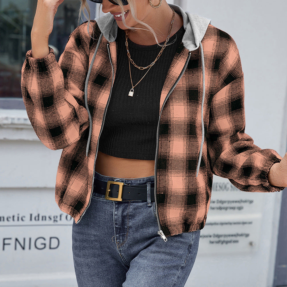 Damen lässige Baumwolljacke mit Karomuster und Kapuze EB