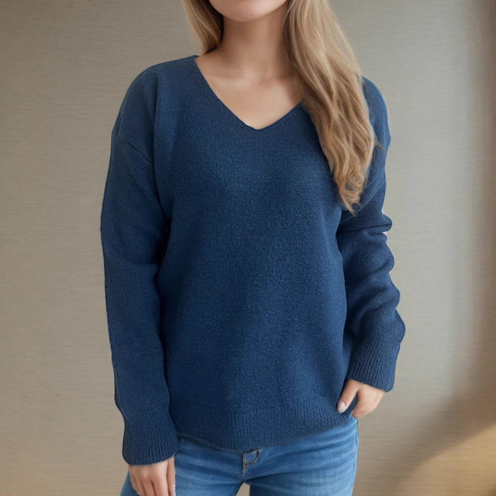 Damen lässiger V-Ausschnitt Pullover mit modernem Strukturdesign EB