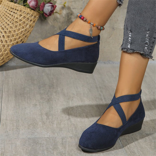 Damen elegante Wedge-Pantoletten mit überkreuzten Riemen und komfortablem Fußbett EB