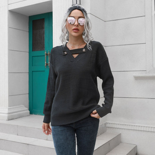 Damen Strickpullover mit einzigartigem V-Ausschnitt und eleganten Knopfdetails EB