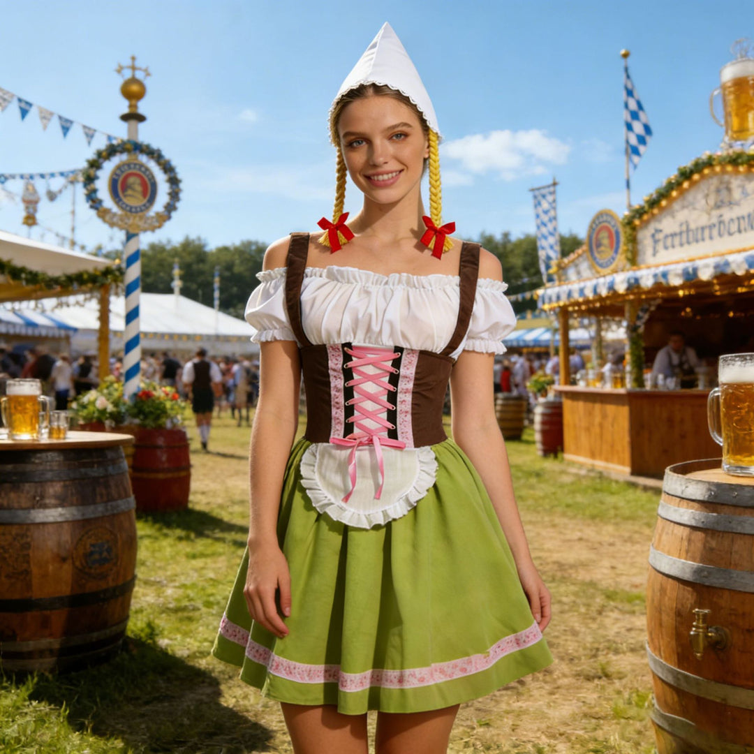 Damen nan traditionelles Dirndl-Kostüm mit Schnürung, Schürze und spitzem Kopftuch EB