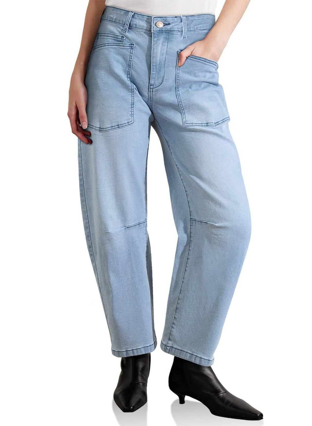 Damen nan lässige Canvas-Hose mit hohem Bund, weitem Bein und aufgesetzten Taschen EB