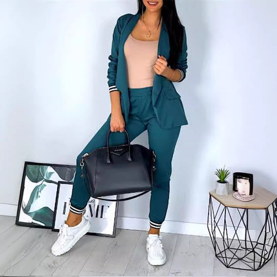 Damen nan sportlich-elegantes Blazer-Jogginghose Zweiteiler mit elastischem Bund und Bündchen EB