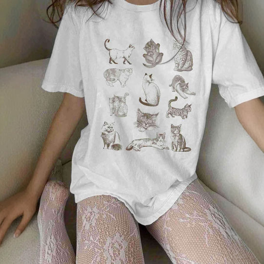 Damen T-Shirt mit künstlerischem Katzenmotiv und lässigem Schnitt EB