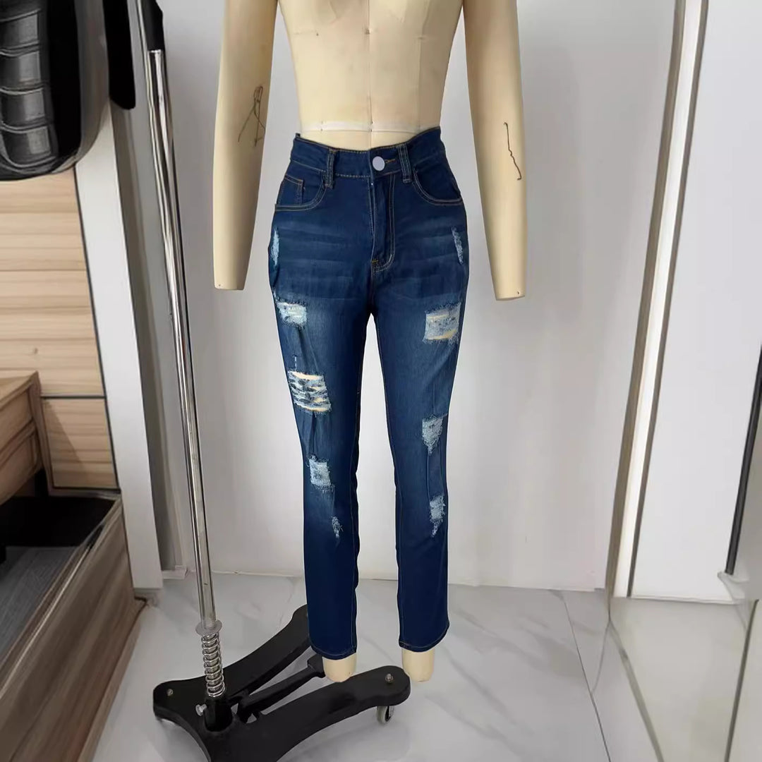 Damen nan hochgeschnittene Skinny-Jeans mit Destroyed-Details und umgeschlagenem Knöchelabschluss EB