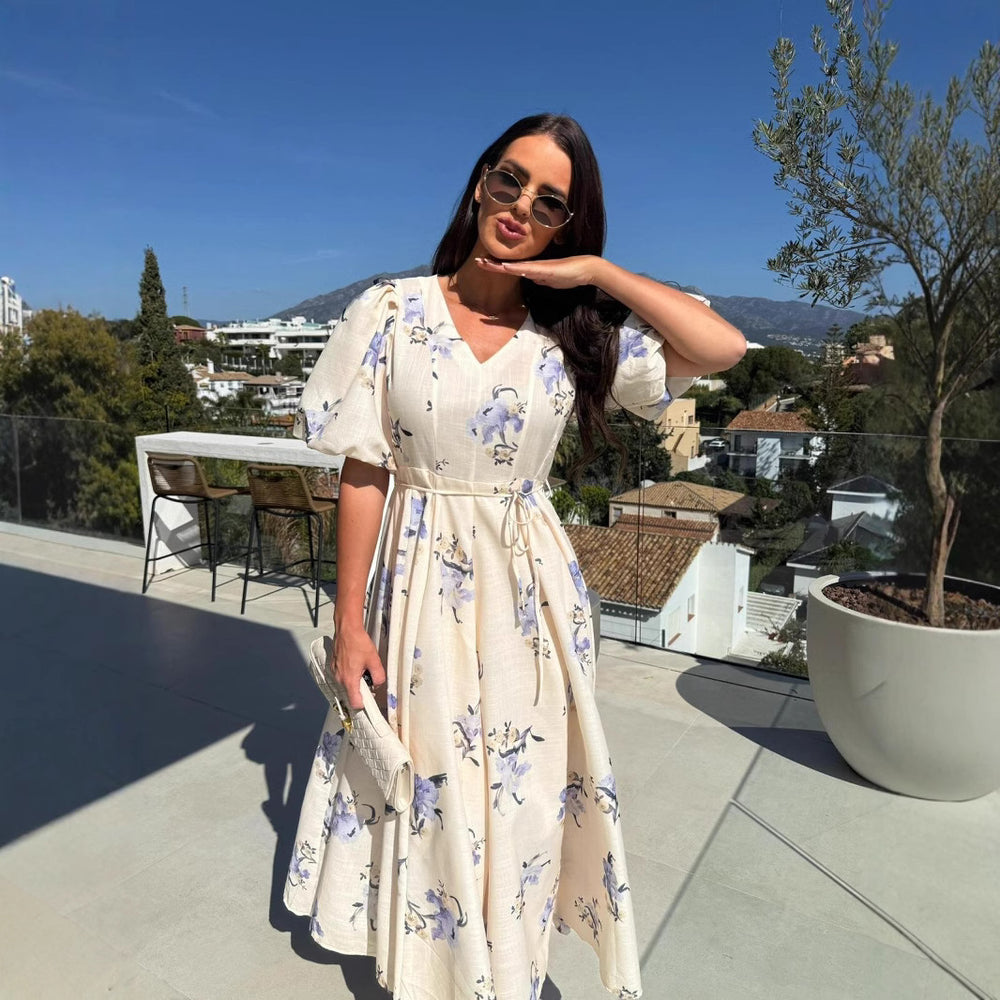 Damen Blusenkleid mit gestuften Volantärmeln und Bindegürtel EB