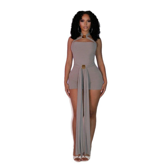 Damen stylischer Einteiler mit elegantem Wickeldesign und dekorativen Trägern EB