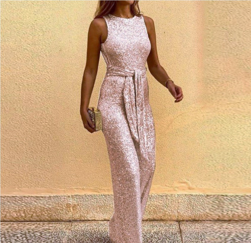 Damen Glitzerndes Maxi-Kleid mit Taillengürtel und elegantem Schnitt EB