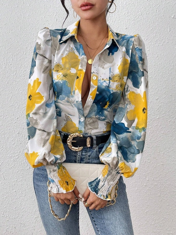 Damen Bluse mit floralen Mustern und puffärmel EB