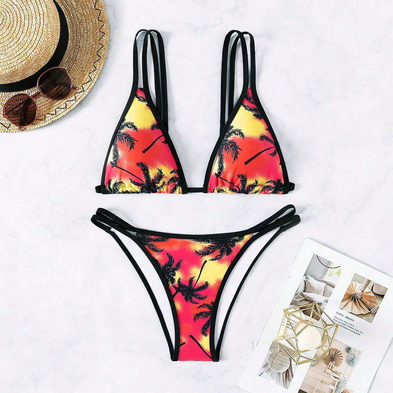 Damen Triangel-Bikini mit doppelten Trägern und trendigem Palmendruck EB