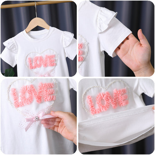 Mädchen T-Shirt mit Rüschendetails und Herzen-Applikation EB