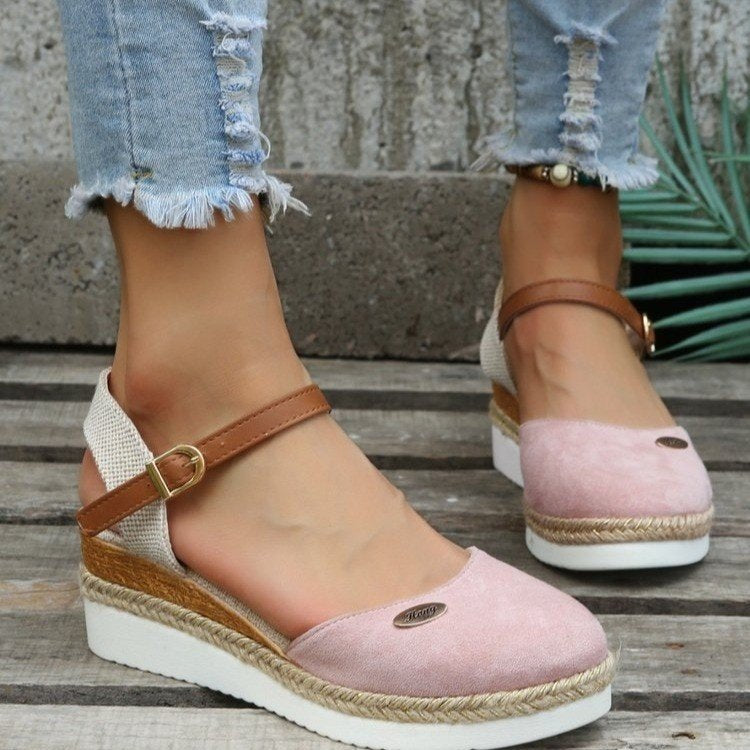 Damen Wedgesandalen mit elastischem Riemen und Jute-Applikation EB