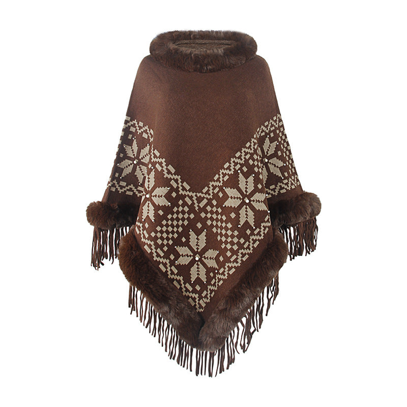 Damen eleganter Poncho mit dekorativem Fransen-Design und Kunstfellbesatz EB