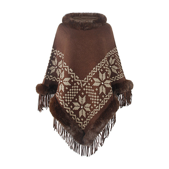 Damen eleganter Poncho mit dekorativem Fransen-Design und Kunstfellbesatz EB