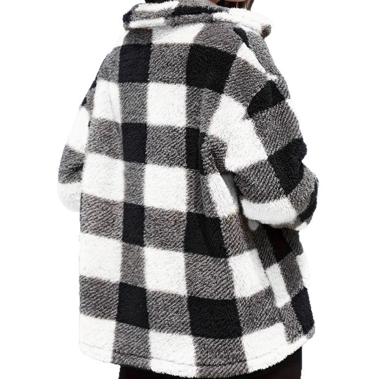 Damen nan gefütterte Karo Teddy-Fleece Shacket mit Knopfleiste und aufgesetzten Taschen EB