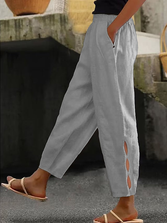 Damen Leichte Leinenhose mit seitlichen Schlitzen und elastischem Bund EB