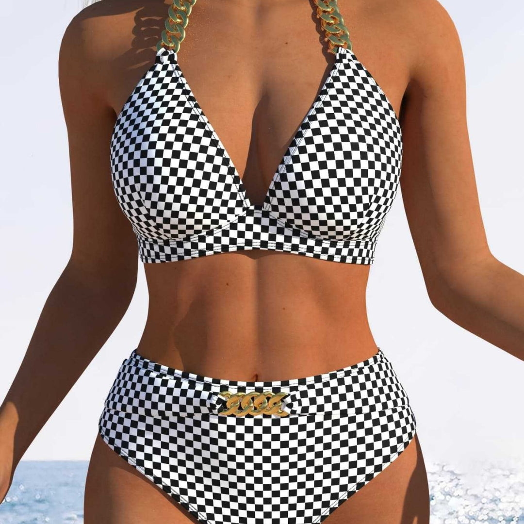 Damen Triangel-Bikini mit verstellbaren Bindebändern und modischem Wellenmuster EB