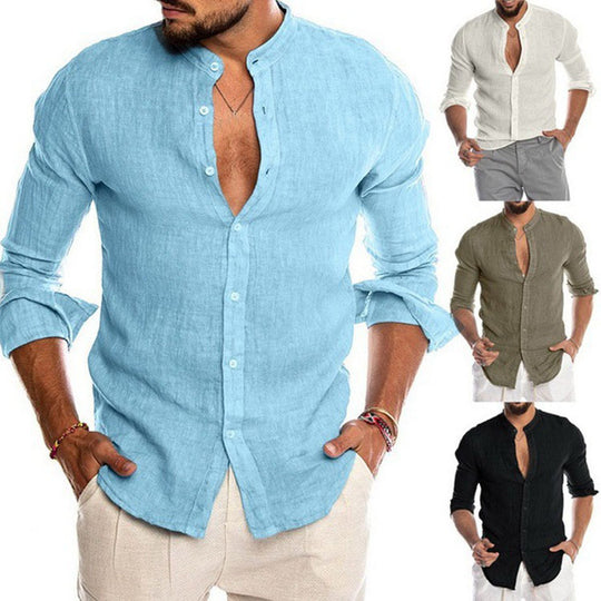 Herren nan Leinenhemd mit Stehkragen, durchgehender Knopfleiste und legerer Slim-Fit-Passform EB