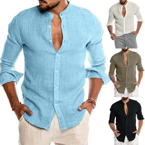 Herren nan Leinenhemd mit Stehkragen, durchgehender Knopfleiste und legerer Slim-Fit-Passform EB
