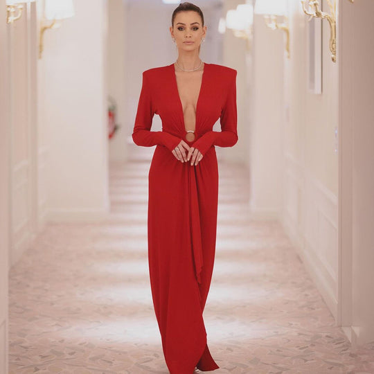 Damen Elegantes Abendkleid mit tiefem V-Ausschnitt und gefalteten Ärmeln EB