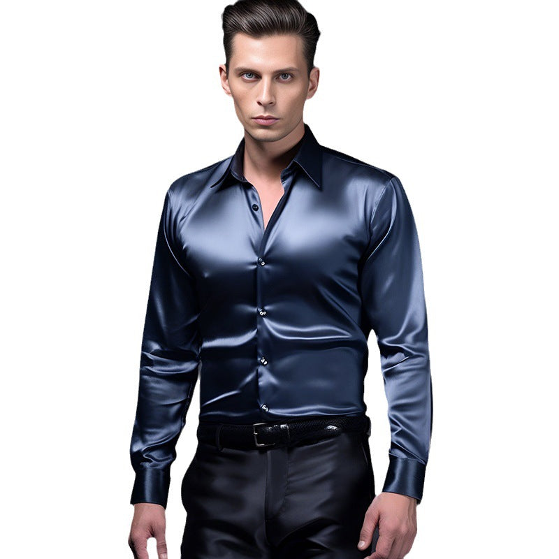 Herren Elegantes Satin-Hemd mit glänzender Oberfläche und modernem Schnitt EB