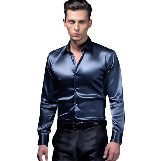 Herren Elegantes Satin-Hemd mit glänzender Oberfläche und modernem Schnitt EB