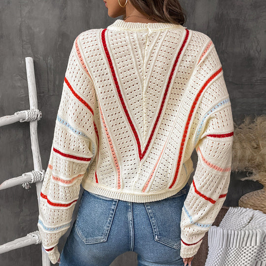 Damen lässiger Strickpullover mit modischem Lochmuster und gestreiftem Design EB