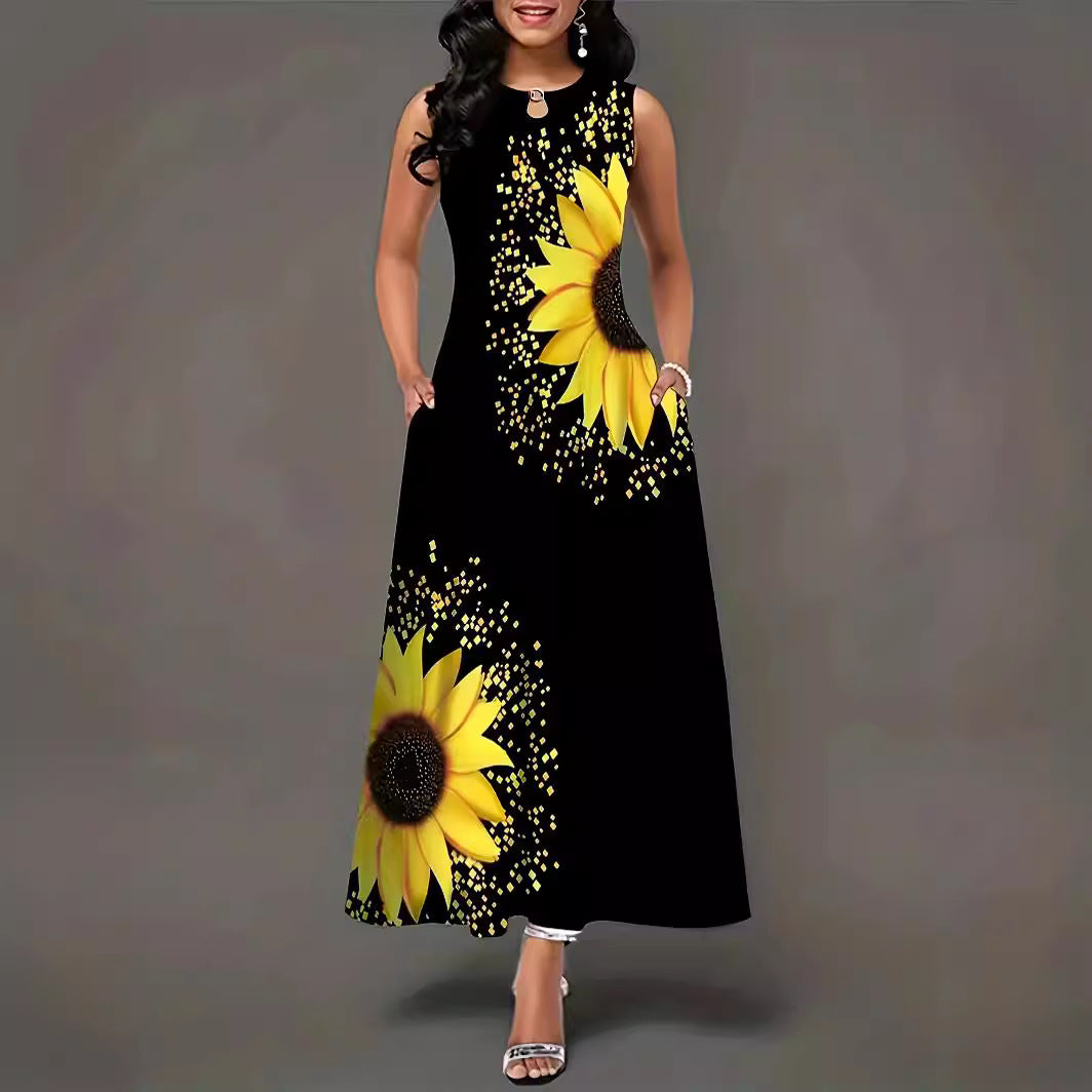Damen Maxikleid mit buntem Sonnenblumenmotiv und praktischen Taschen EB