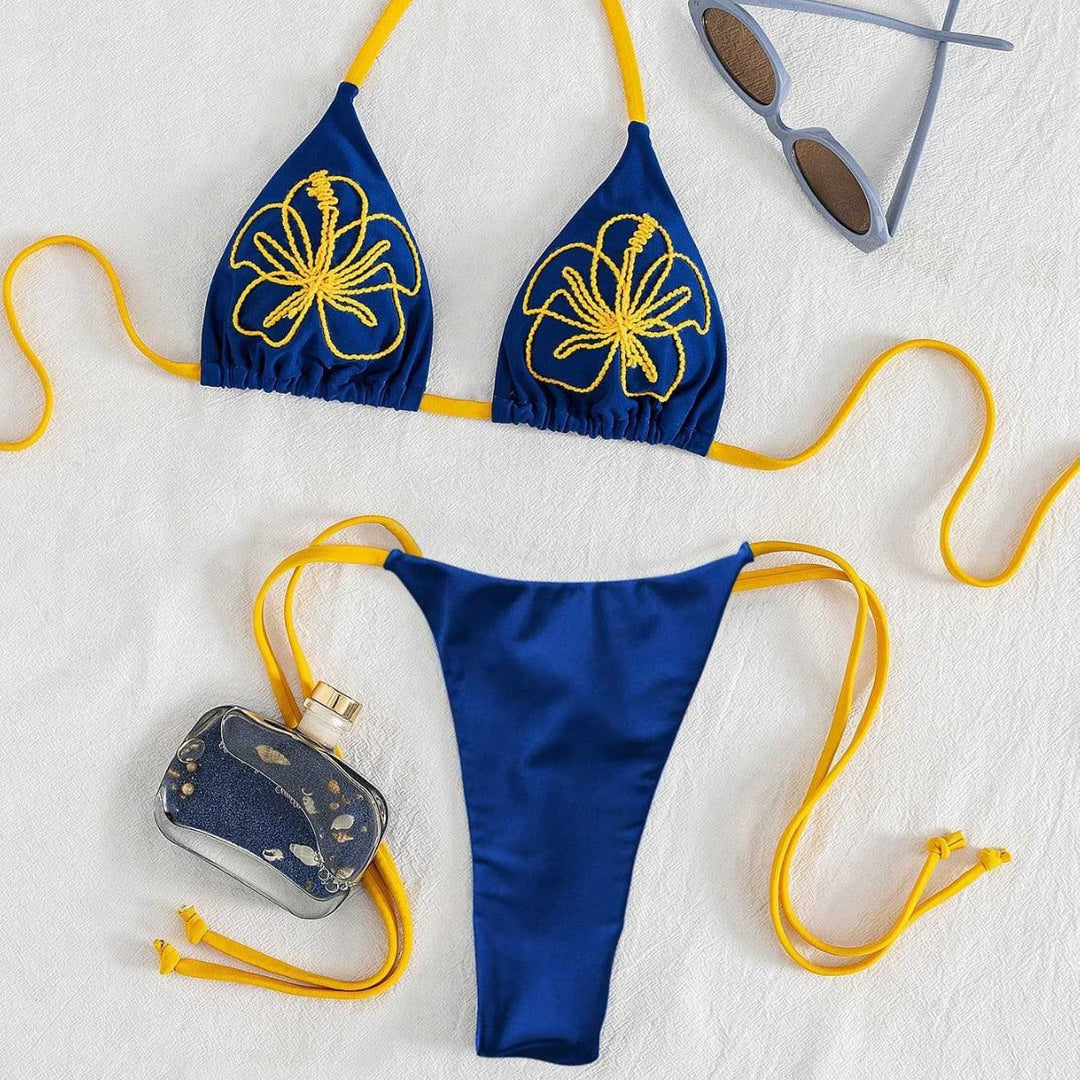 Damen Triangel-Bikini mit floralen Stickereien und verstellbaren Trägern EB