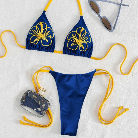 Damen Triangel-Bikini mit floralen Stickereien und verstellbaren Trägern EB