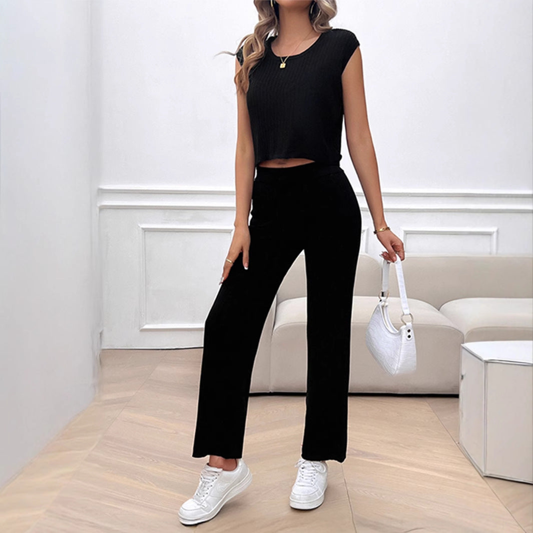 Damen Strick Zweiteiliges Set mit cropped Oberteil und weiter Hose EB
