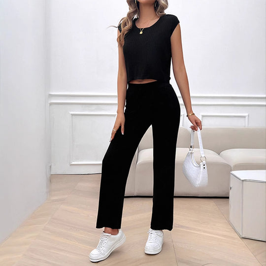 Damen Strick Zweiteiliges Set mit cropped Oberteil und weiter Hose EB