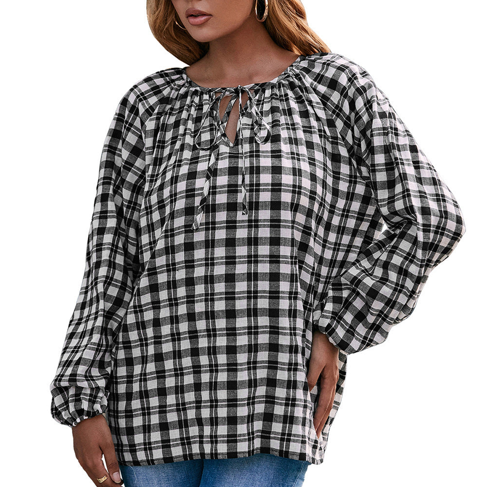 Damen Bluse mit Karo-Muster und Schleifendetail EB