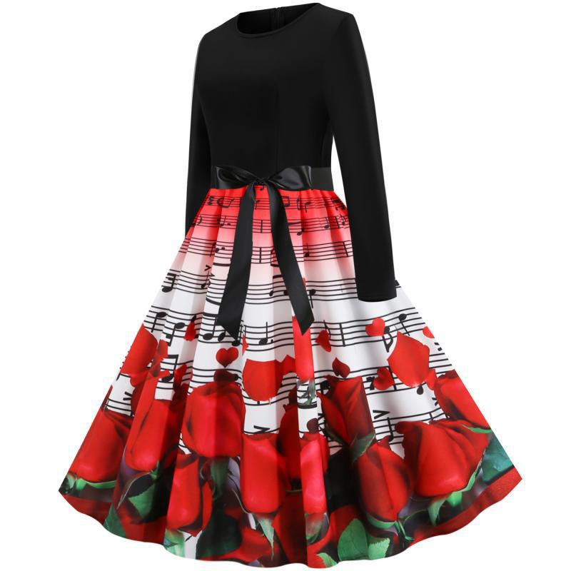 Damen tailliertes A-Linien Kleid mit Noten- und Rosenprint Langarm und Taillenschleife EB