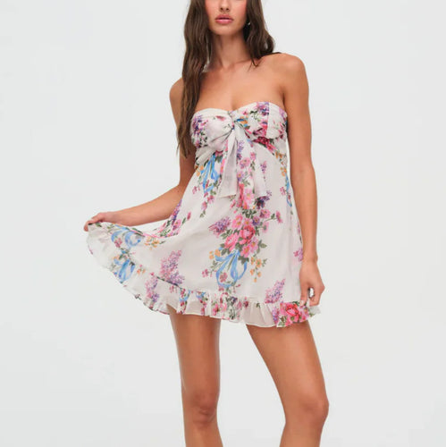 Damen nan trägerloses Chiffon-Sommerkleid mit Blumenmuster Bandeau-Oberteil und Volantbesatz EB