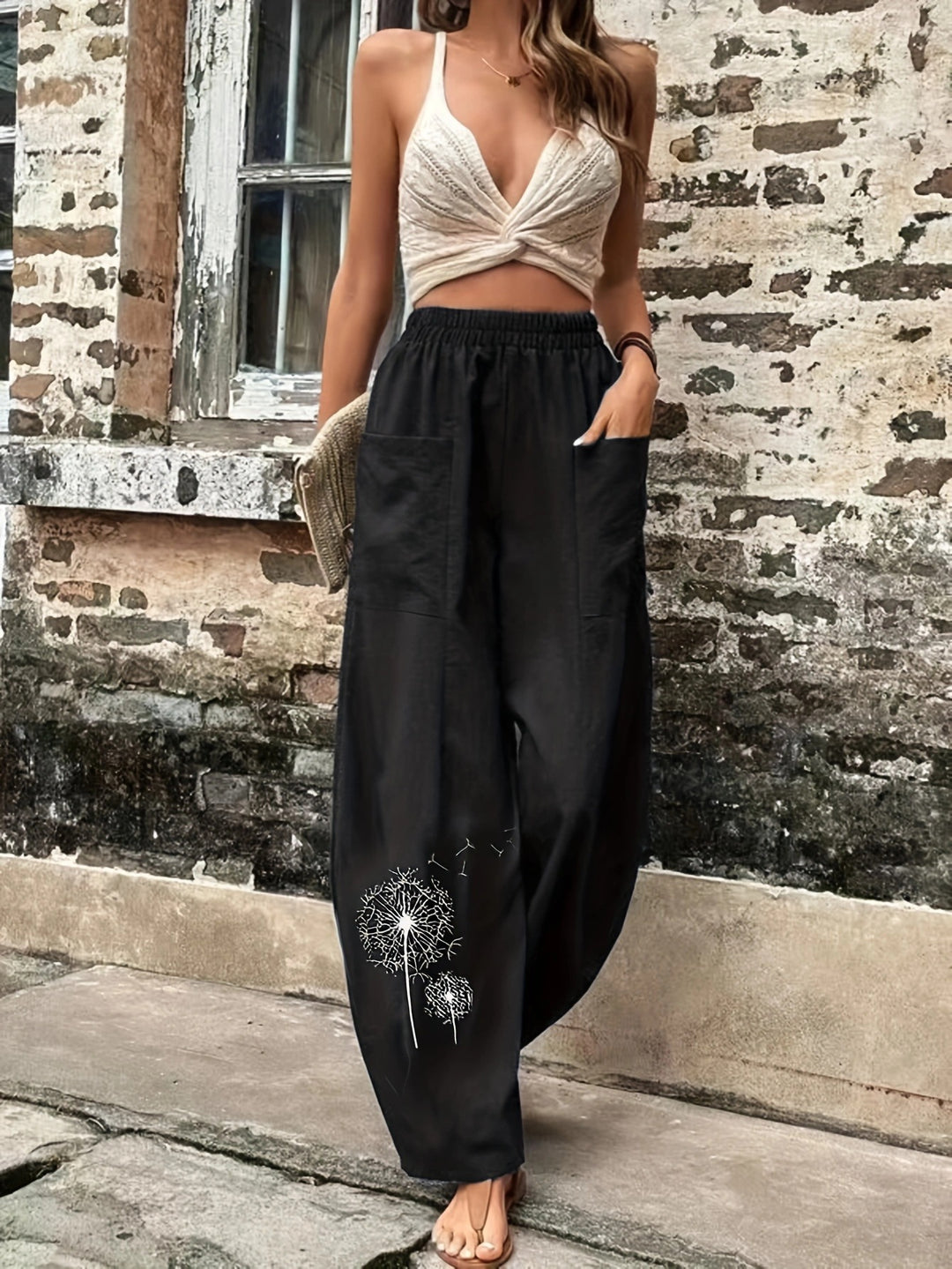 Damen luftige Palazzo-Hose mit praktischen Taschen und kunstvollem Dandelion-Design EB