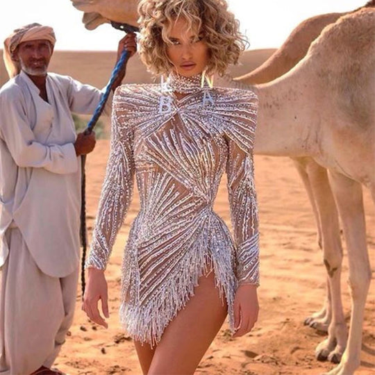 Damen Glamouröses Pailletten-Kleid mit transparenten Akzenten und Fransen EB