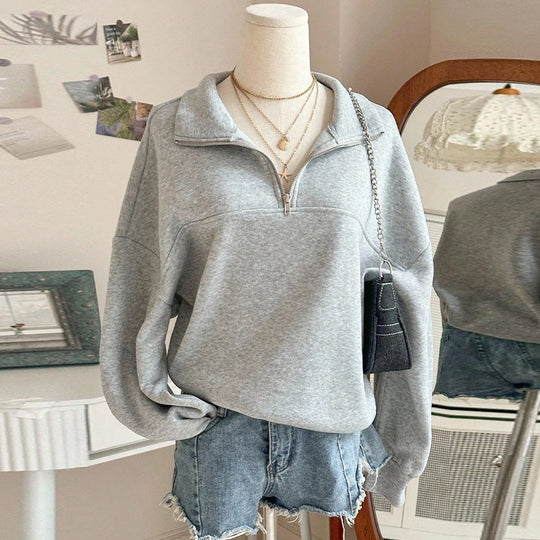 Damen nan Oversize Sweatshirt mit halbem Reißverschluss, Stehkragen und Ballonärmeln EB
