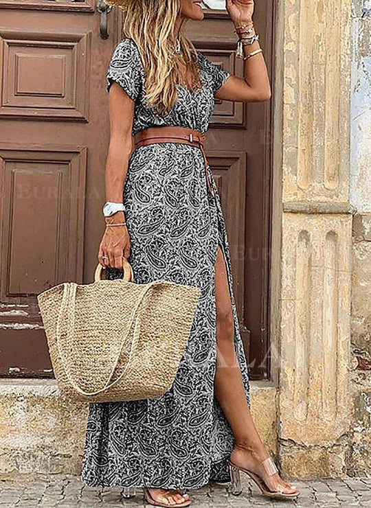 Damen Maxikleid mit floralem Paisleymuster und seitlichem Schlitz EB