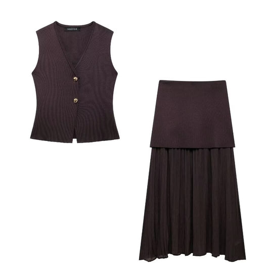 Damen elegantes Strick-Set mit asymmetrischem Rock und ärmelloser Weste EB